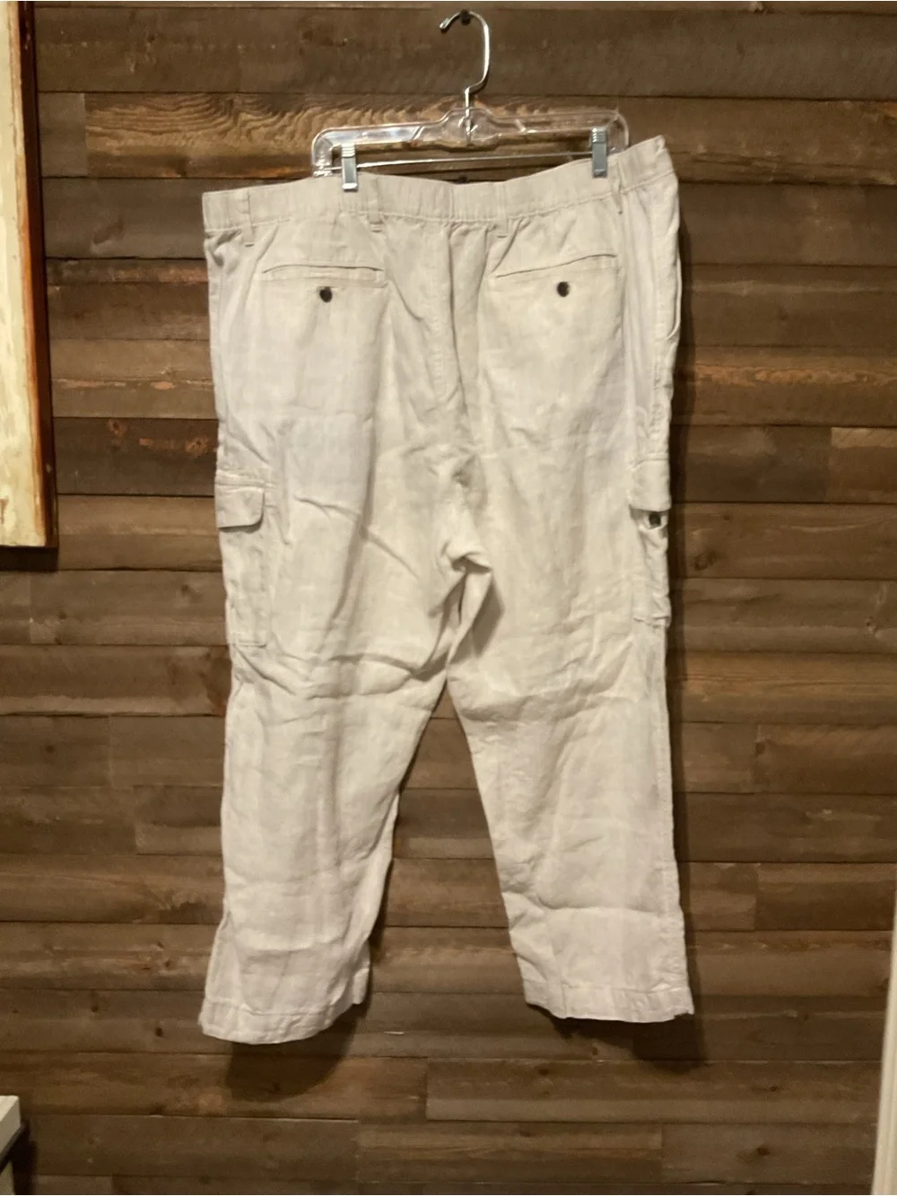Caribbean Mens 100% Linen Cargo Pants 48x30 Oatmeal Beige Straight Leg Casual